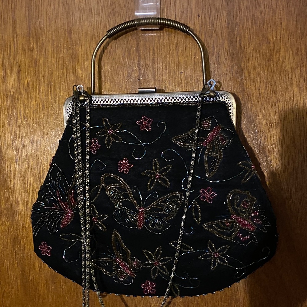Vintage Beaded Butterfly Black Evening Bag